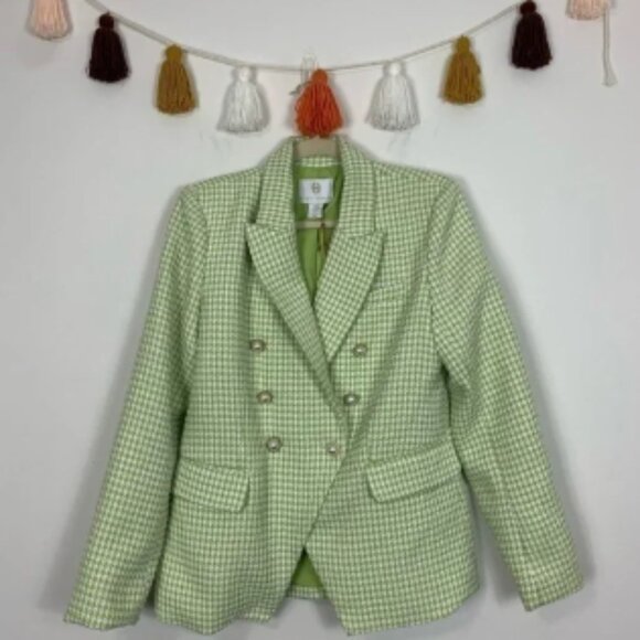 NWT House of Harlow 1960 Green White Tweed Double Breasted Blazer Size Medium - Picture 1 of 8